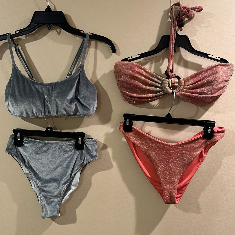 2 bikinis m/l beach riot sparkly copper orange and green velour VS cheeky bundle